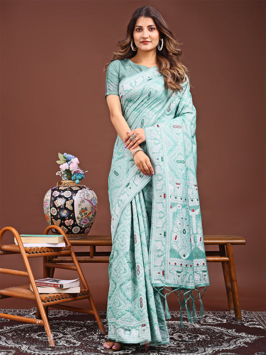 Graceful Sea Green Printed Saree – A Symphony of Culture and Feminine Charm