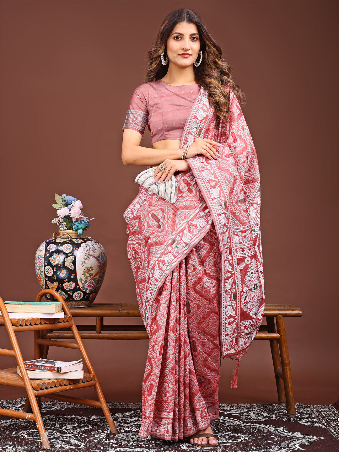 Graceful Peach Printed Saree – A Symphony of Culture and Feminine Charm