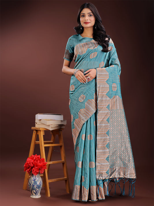 Astita Teal Blue Linen Cotton Saree with Woven Geometric Zari Motifs – Elegant Festive Wear for Women
