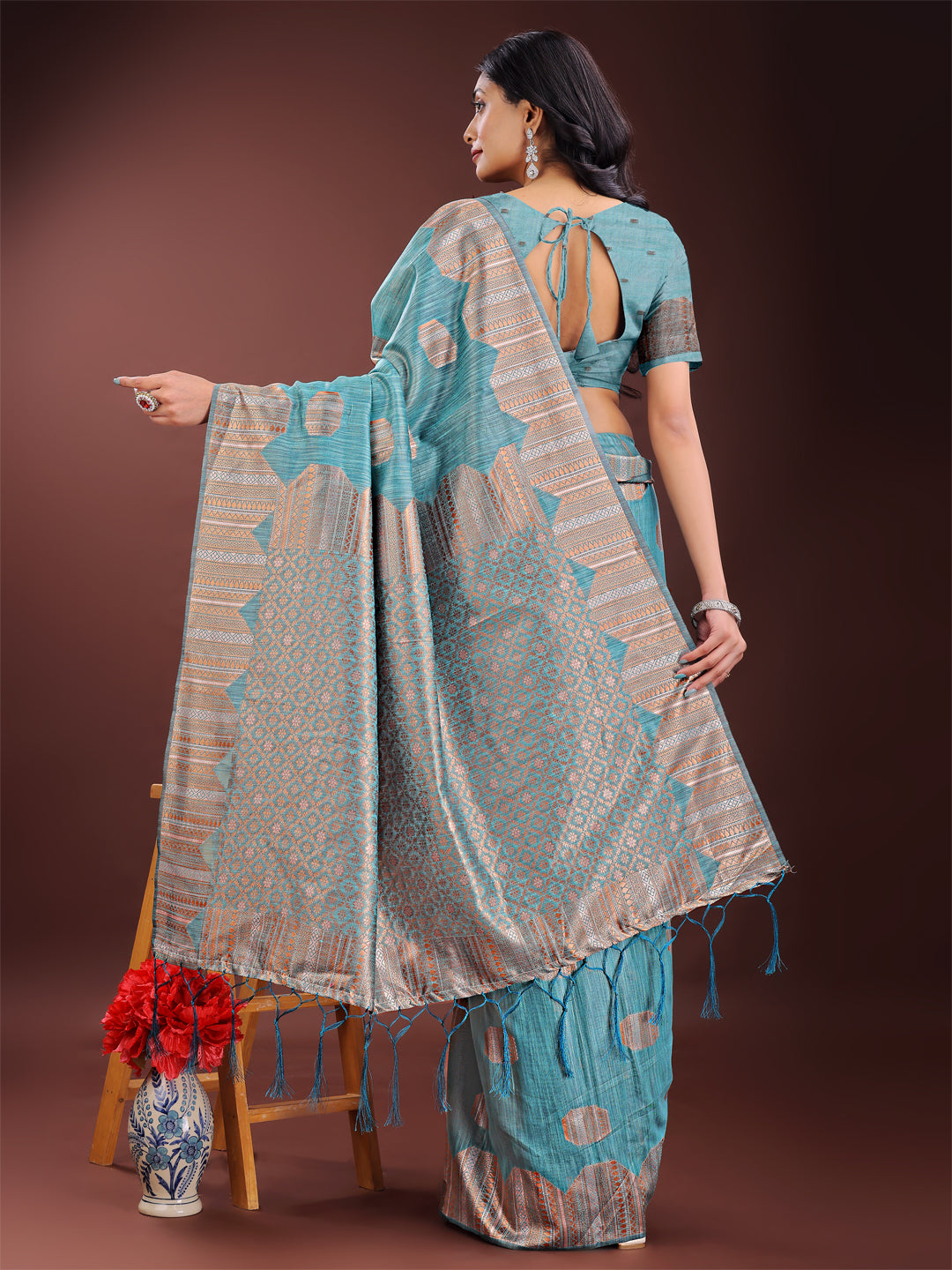 Astita Teal Blue Linen Cotton Saree with Woven Geometric Zari Motifs – Elegant Festive Wear for Women