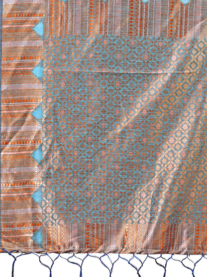 Astita Teal Blue Linen Cotton Saree with Woven Geometric Zari Motifs – Elegant Festive Wear for Women