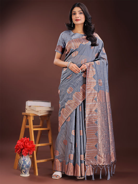 Astita Grey Linen Cotton Saree with Woven Geometric Zari Motifs – Elegant Festive Wear for Women