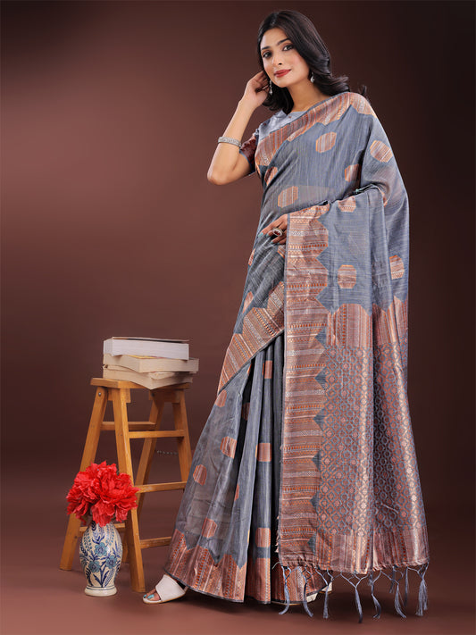 Astita Grey Linen Cotton Saree with Woven Geometric Zari Motifs – Elegant Festive Wear for Women