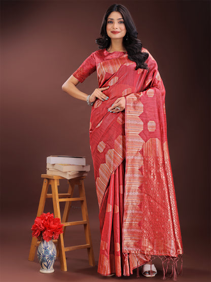 Astita Red Linen Cotton Saree with Woven Geometric Zari Motifs – Elegant Festive Wear for Women