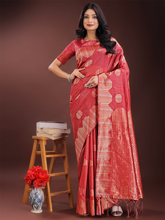 Astita Red Linen Cotton Saree with Woven Geometric Zari Motifs – Elegant Festive Wear for Women