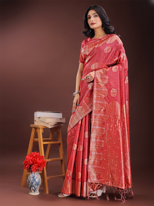 Astita Red Linen Cotton Saree with Woven Geometric Zari Motifs – Elegant Festive Wear for Women
