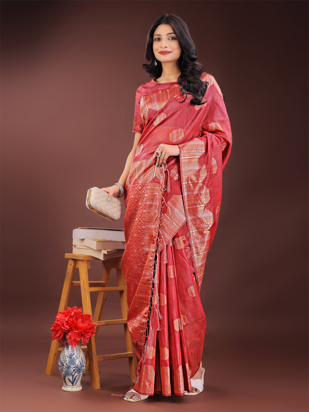 Astita Red Linen Cotton Saree with Woven Geometric Zari Motifs – Elegant Festive Wear for Women