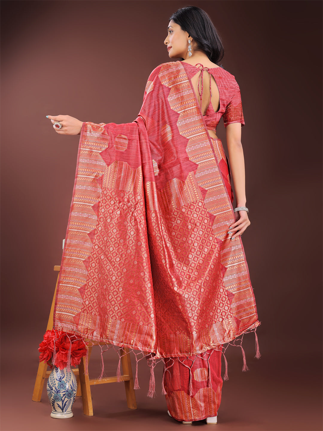 Astita Red Linen Cotton Saree with Woven Geometric Zari Motifs – Elegant Festive Wear for Women