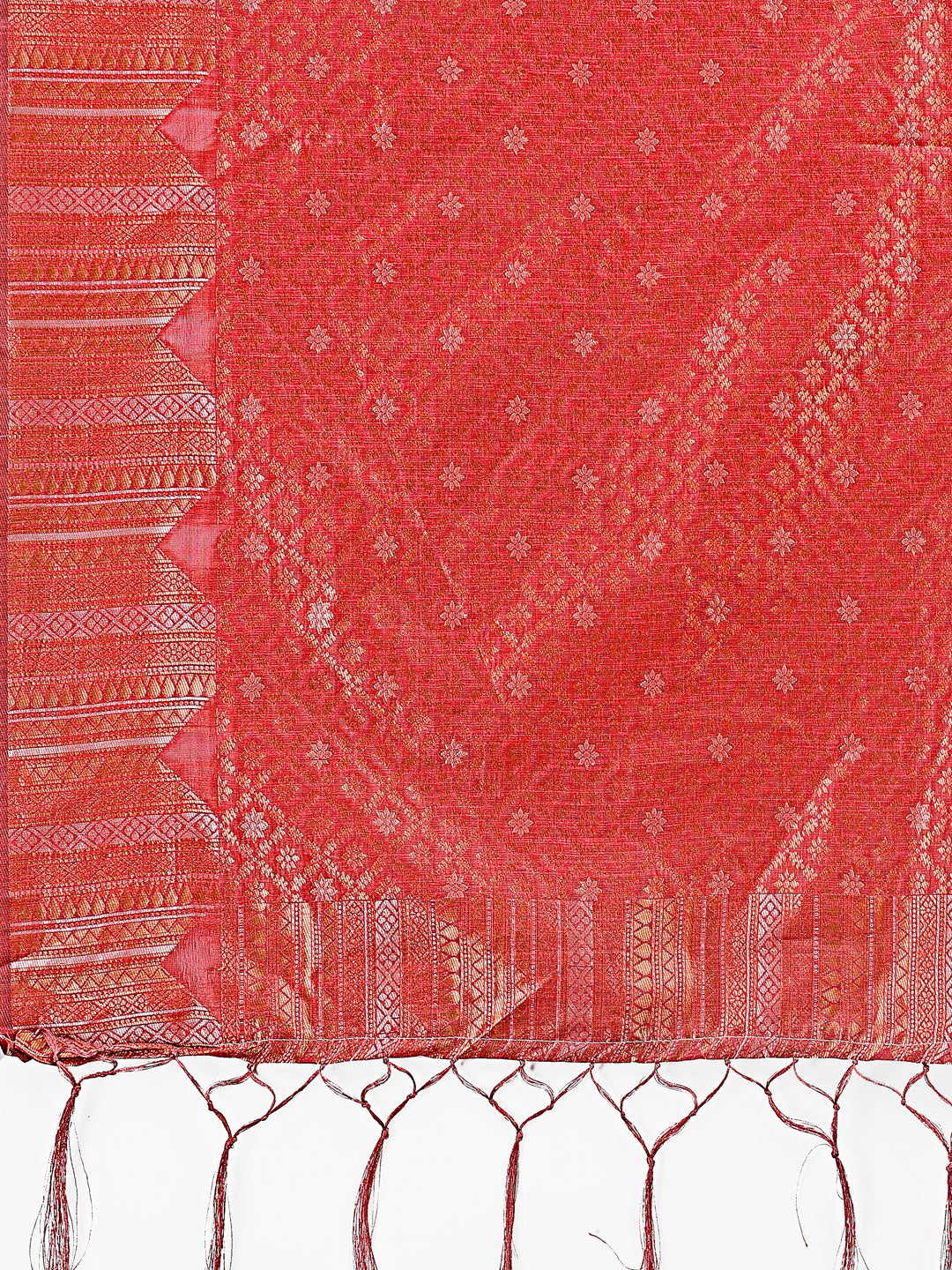 Astita Red Linen Cotton Saree with Woven Geometric Zari Motifs – Elegant Festive Wear for Women