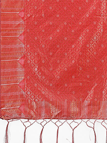 Astita Red Linen Cotton Saree with Woven Geometric Zari Motifs – Elegant Festive Wear for Women