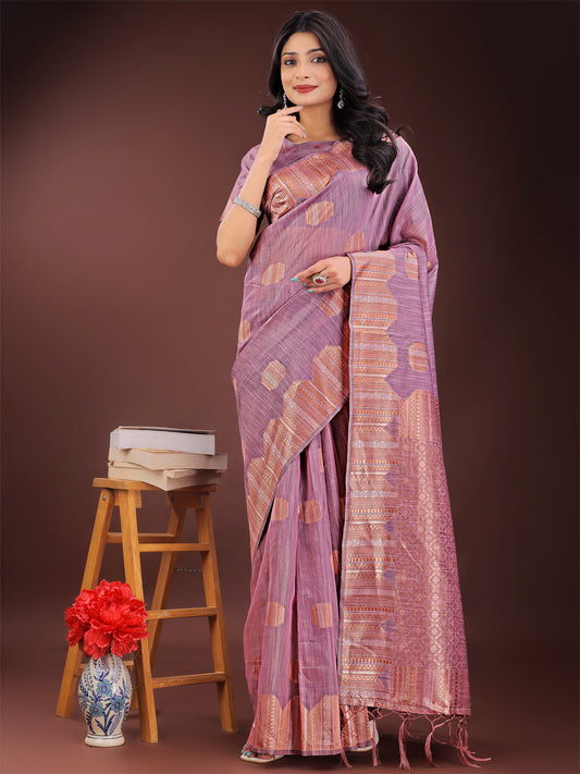 Astita Purple Linen Cotton Saree with Woven Geometric Zari Motifs – Elegant Festive Wear for Women