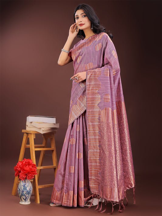 Astita Purple Linen Cotton Saree with Woven Geometric Zari Motifs – Elegant Festive Wear for Women