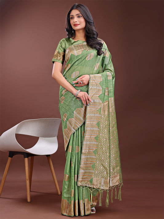 Astita Light Green Linen Cotton Saree with Woven Geometric Zari Motifs – Elegant Festive Wear for Women