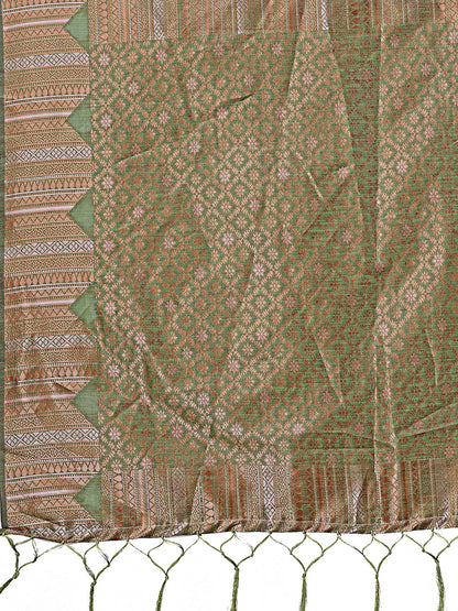 Astita Light Green Linen Cotton Saree with Woven Geometric Zari Motifs – Elegant Festive Wear for Women