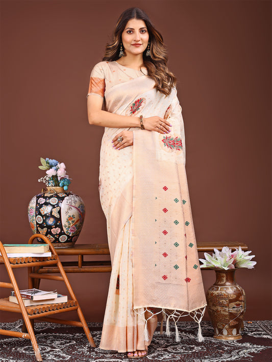 Astita Elegant Cream Woven Work Saree – A Whiff of Tradition Wrapped in Grace