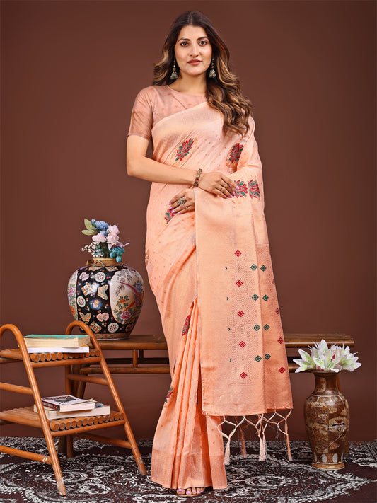 Astita Elegant Peach Woven Work Saree – A Whiff of Tradition Wrapped in Grace