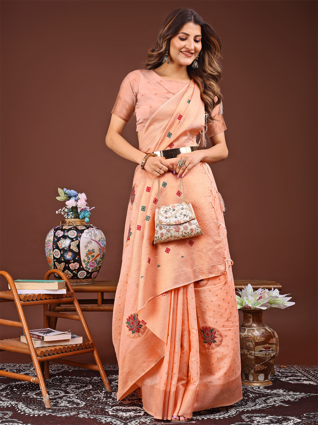 Astita Elegant Peach Woven Work Saree – A Whiff of Tradition Wrapped in Grace
