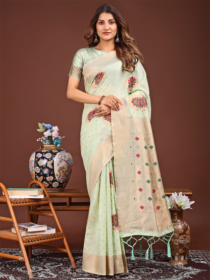 Astita Elegant Light Green Woven Work Saree – A Whiff of Tradition Wrapped in Grace