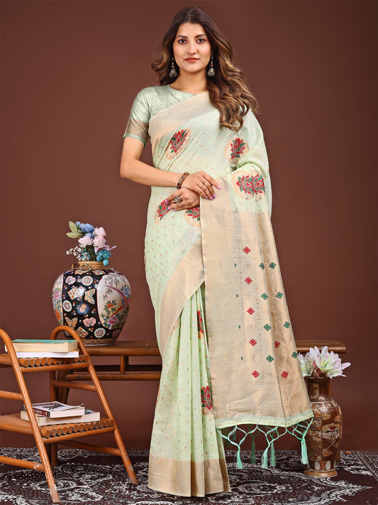 Astita Elegant Light Green Woven Work Saree – A Whiff of Tradition Wrapped in Grace