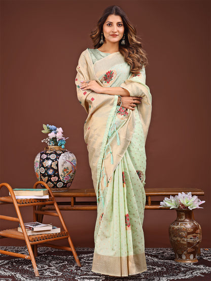 Astita Elegant Light Green Woven Work Saree – A Whiff of Tradition Wrapped in Grace