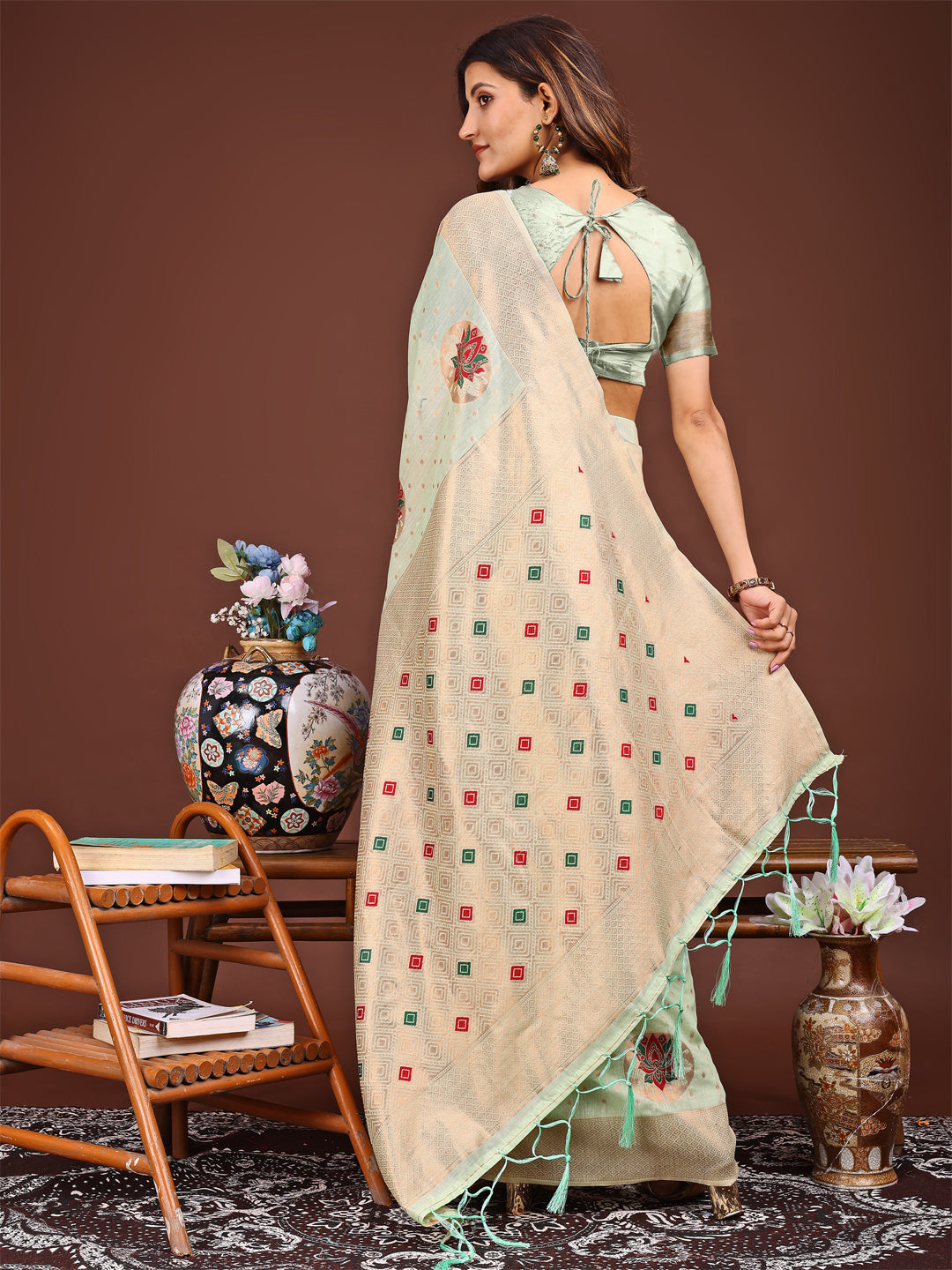Astita Elegant Light Green Woven Work Saree – A Whiff of Tradition Wrapped in Grace