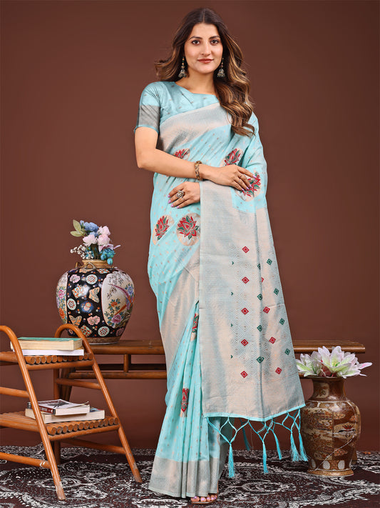 Astita Elegant Sky Blue Woven Work Saree – A Whiff of Tradition Wrapped in Grace