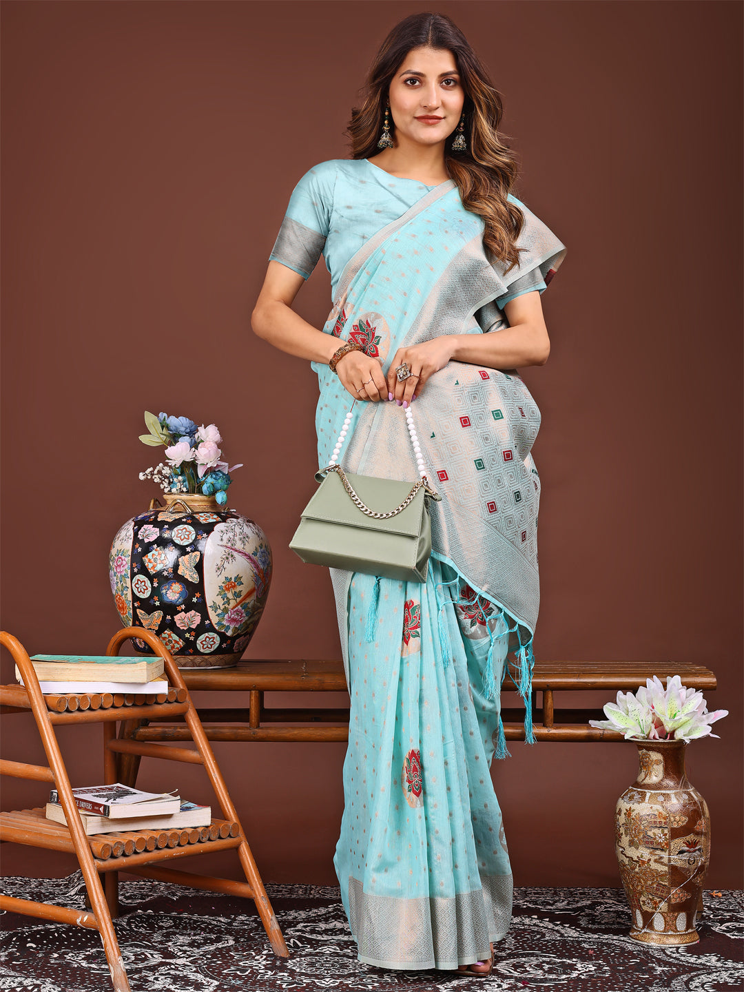 Astita Elegant Sky Blue Woven Work Saree – A Whiff of Tradition Wrapped in Grace