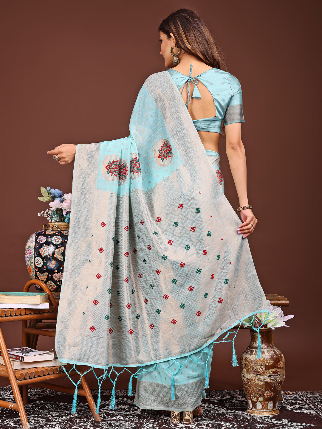 Astita Elegant Sky Blue Woven Work Saree – A Whiff of Tradition Wrapped in Grace