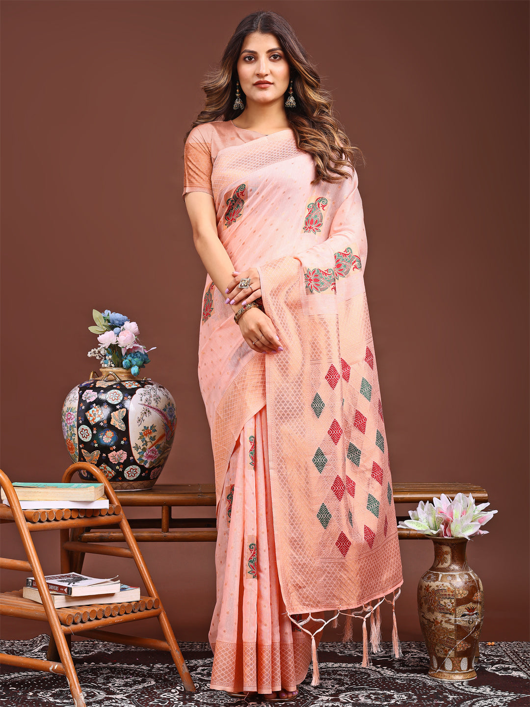 Astita Peach Jaquard Saree with Tassels – Radiate Soft Elegance and Timeless Beauty