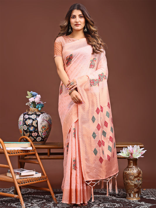 Astita Peach Jaquard Saree with Tassels – Radiate Soft Elegance and Timeless Beauty