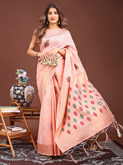 Astita Peach Jaquard Saree with Tassels – Radiate Soft Elegance and Timeless Beauty