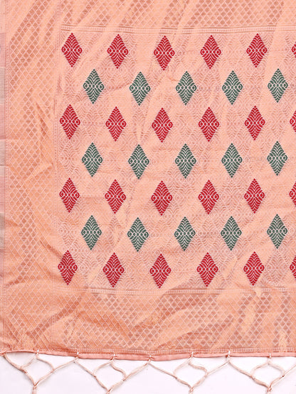 Astita Peach Jaquard Saree with Tassels – Radiate Soft Elegance and Timeless Beauty