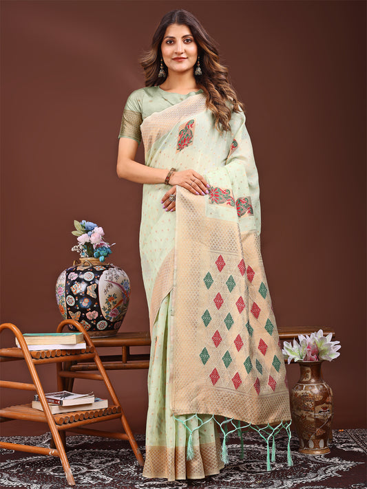 Astita Light Green Jaquard Saree with Tassels – Radiate Soft Elegance and Timeless Beauty