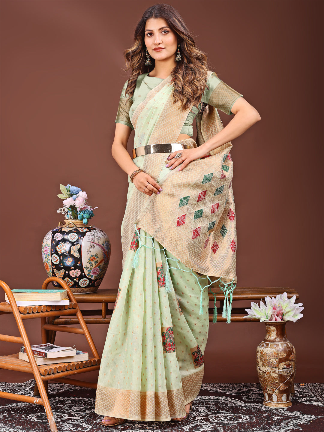 Astita Light Green Jaquard Saree with Tassels – Radiate Soft Elegance and Timeless Beauty