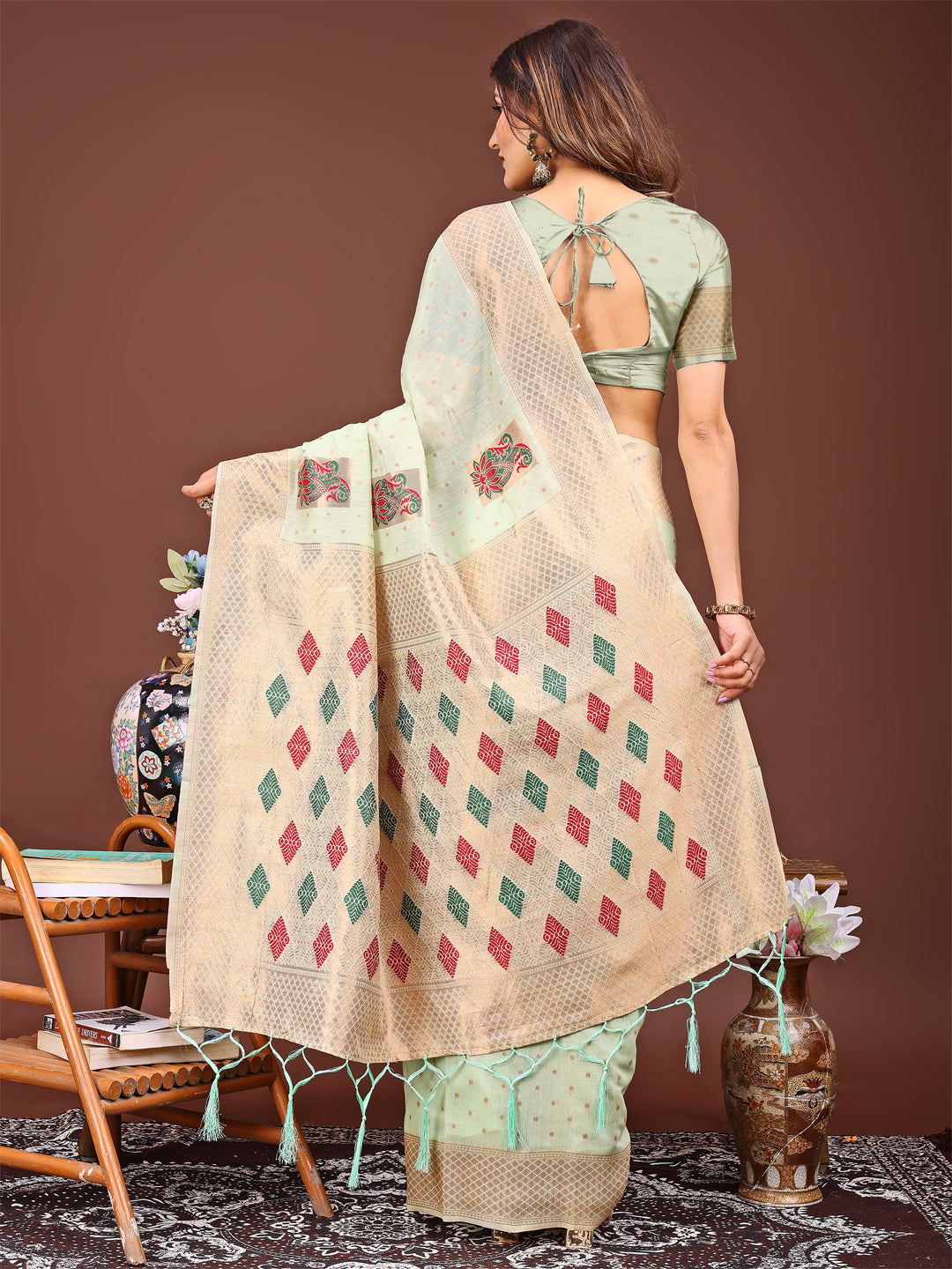 Astita Light Green Jaquard Saree with Tassels – Radiate Soft Elegance and Timeless Beauty