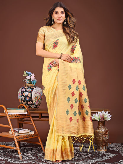 Astita Yellow Jaquard Saree with Tassels – Radiate Soft Elegance and Timeless Beauty