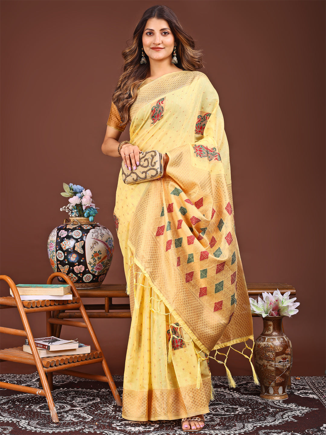 Astita Yellow Jaquard Saree with Tassels – Radiate Soft Elegance and Timeless Beauty