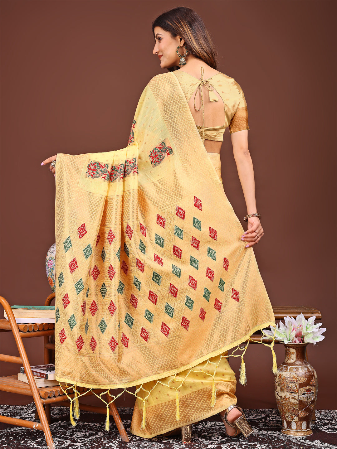 Astita Yellow Jaquard Saree with Tassels – Radiate Soft Elegance and Timeless Beauty