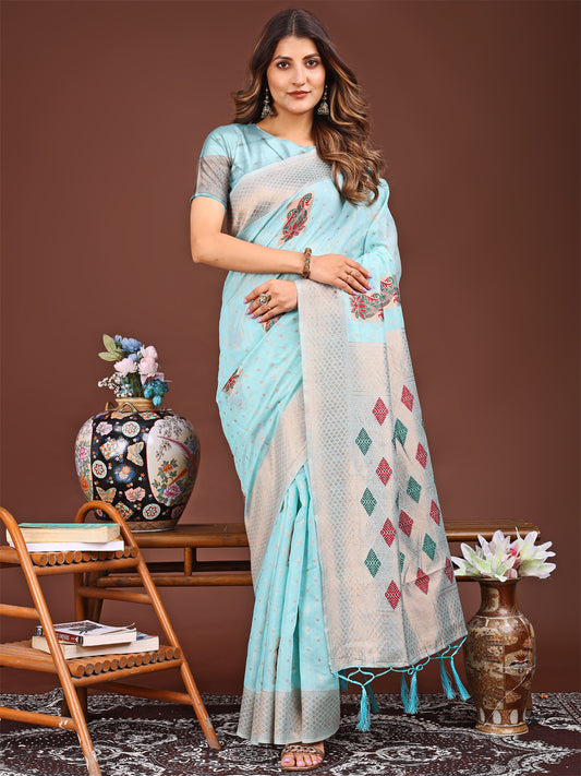 Astita Sky Blue Jaquard Saree with Tassels – Radiate Soft Elegance and Timeless Beauty