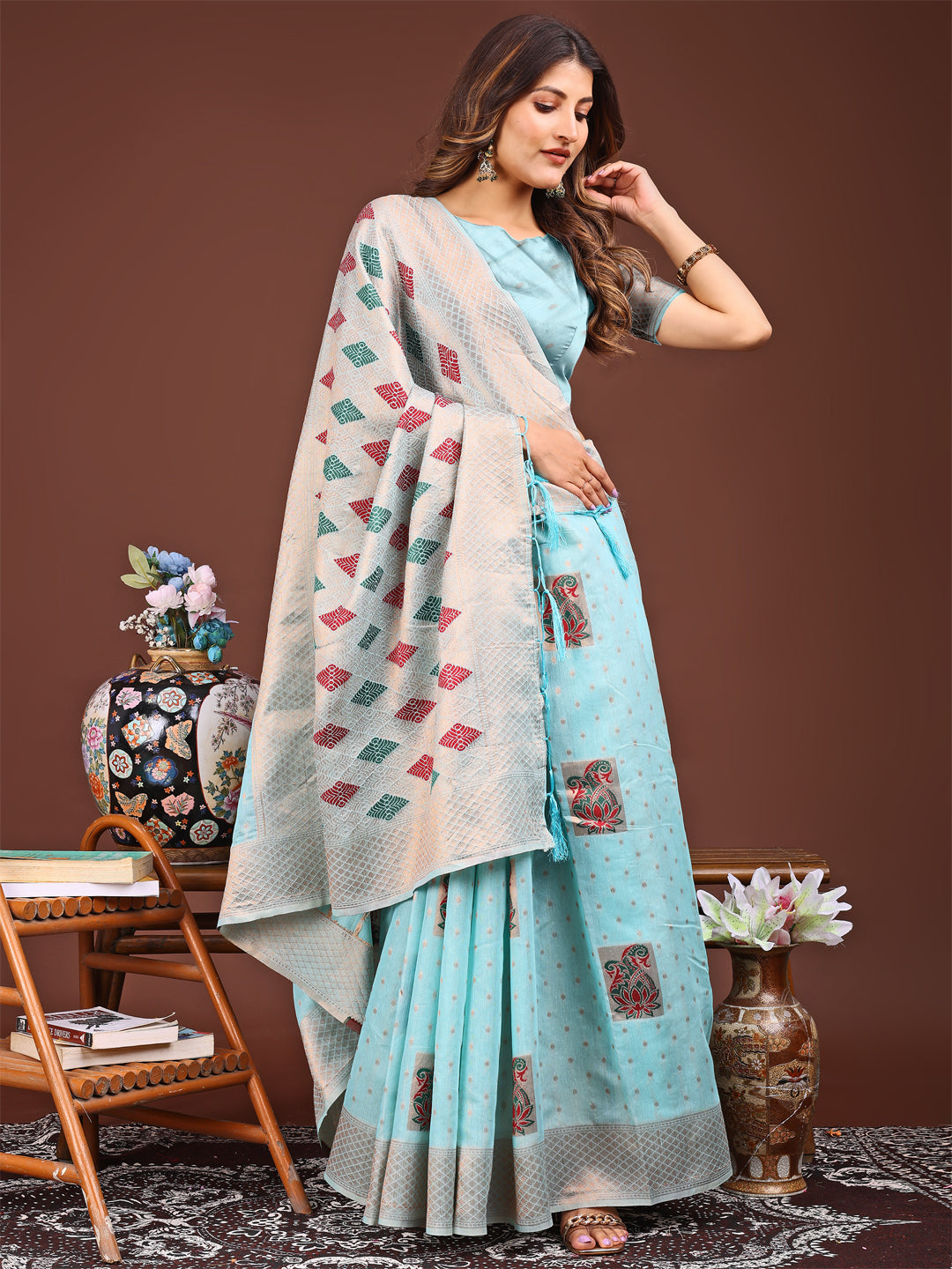 Astita Sky Blue Jaquard Saree with Tassels – Radiate Soft Elegance and Timeless Beauty