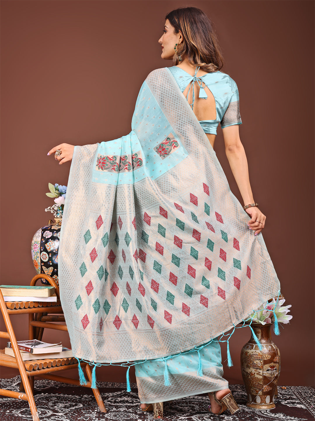 Astita Sky Blue Jaquard Saree with Tassels – Radiate Soft Elegance and Timeless Beauty