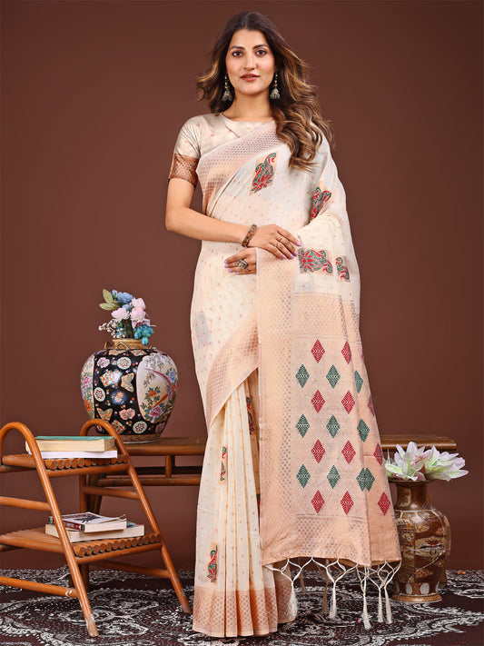 Astita White Jaquard Saree with Tassels – Radiate Soft Elegance and Timeless Beauty