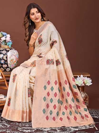 Astita White Jaquard Saree with Tassels – Radiate Soft Elegance and Timeless Beauty