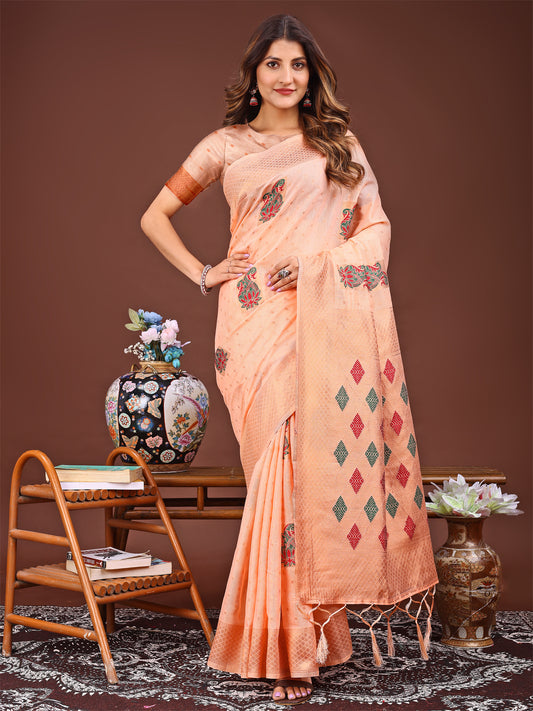Astita Orange Jaquard Saree with Tassels – Radiate Soft Elegance and Timeless Beauty