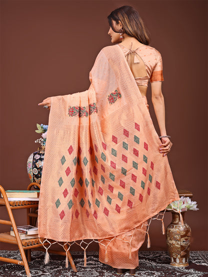 Astita Orange Jaquard Saree with Tassels – Radiate Soft Elegance and Timeless Beauty