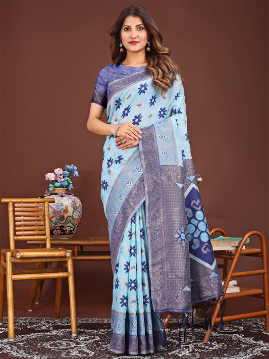 Astita Elegant Blue Linen Cotton Patola Saree – A Refreshing Harmony of Culture and Comfort