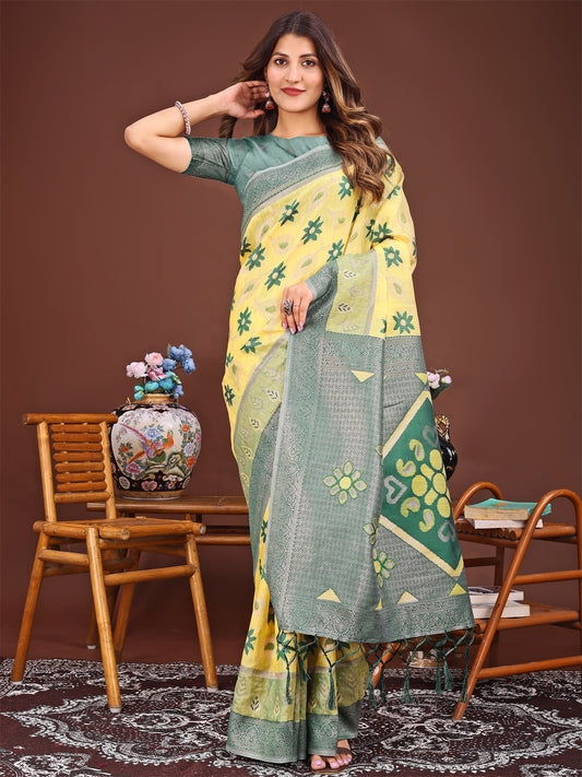 Astita Elegant Yellow Linen Cotton Patola Saree – A Refreshing Harmony of Culture and Comfort