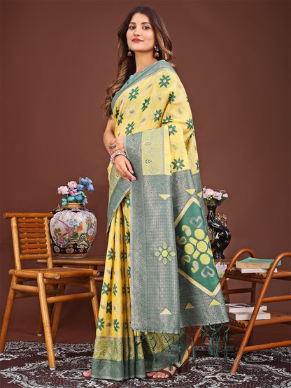 Astita Elegant Yellow Linen Cotton Patola Saree – A Refreshing Harmony of Culture and Comfort