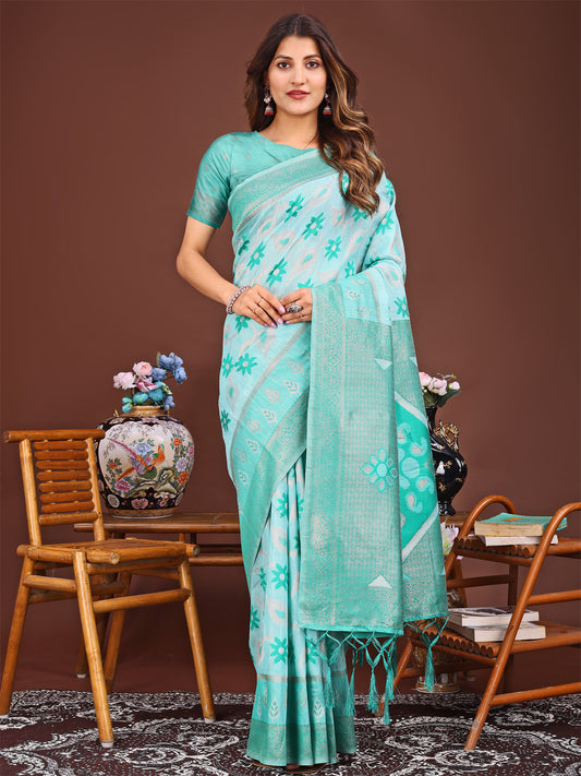 Astita Elegant Sea Green Linen Cotton Patola Saree – A Refreshing Harmony of Culture and Comfort