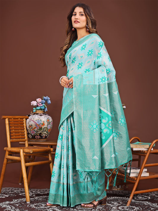 Astita Elegant Sea Green Linen Cotton Patola Saree – A Refreshing Harmony of Culture and Comfort